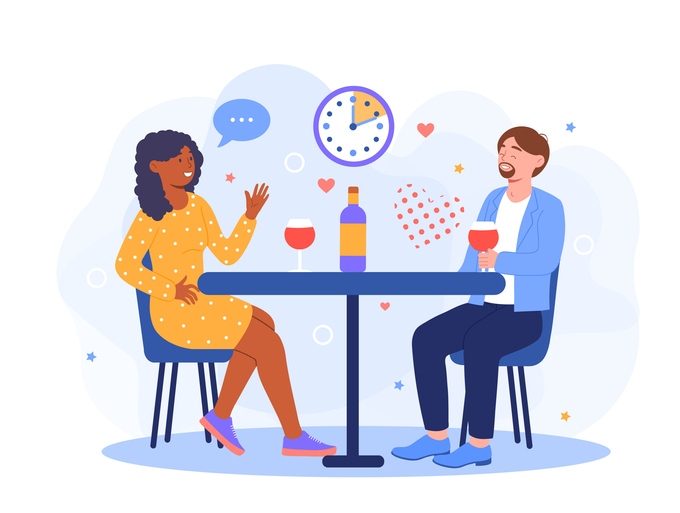 Young single man and woman sitting at table, looking at each other and talking. People is searching for pair to fall in love. Flat cartoon vector concept design. Isolated on white background.