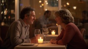 zamilovaný pár ve středním věku v restauraci